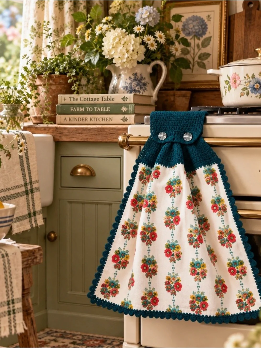 The Pioneer Woman Teal Crochet-Trim Floral Kitchen Towel